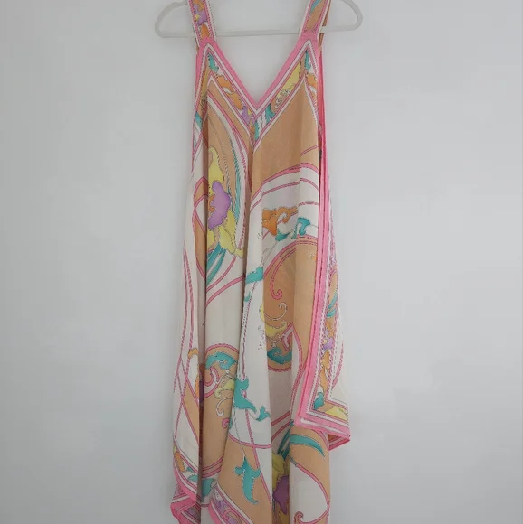 BRIJO Vintage Pastel Rolled Jacquard Silk Hankerchief V Tank Maxi Dress - Picture 6 of 16